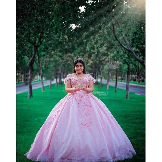 Off Shoulder Pink Quince Dress Sweetheart Neck Vestidos De XV Anos 3D Flowers 15 Birthday Party Gowns