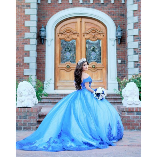 Off Shoulder Quince Dress Blue Sweet 15 Gowns Lace Appliques Sweetheart Neck Vestidos De 15 Anos