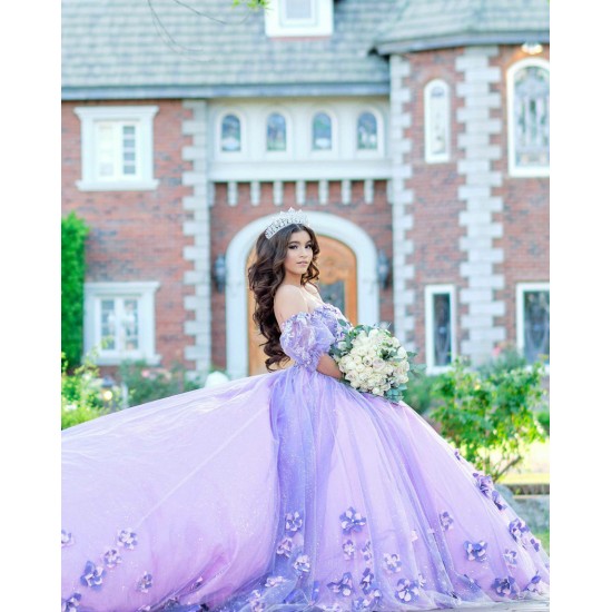 Off Shoulder Quince Dress Lilac Birthday Party Gown Pearl Sweetheart Neck Vestidos De 15 Anos With 3D Flowers