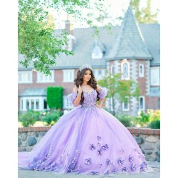 Off Shoulder Quince Dress Lilac Birthday Party Gown Pearl Sweetheart Neck Vestidos De 15 Anos With 3D Flowers