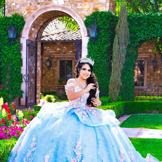 Off Shoulder Quince Dress Sky Blue Vestidos De 15 Anos V Neck Women 2024 Ball Gown With 3D Flowers