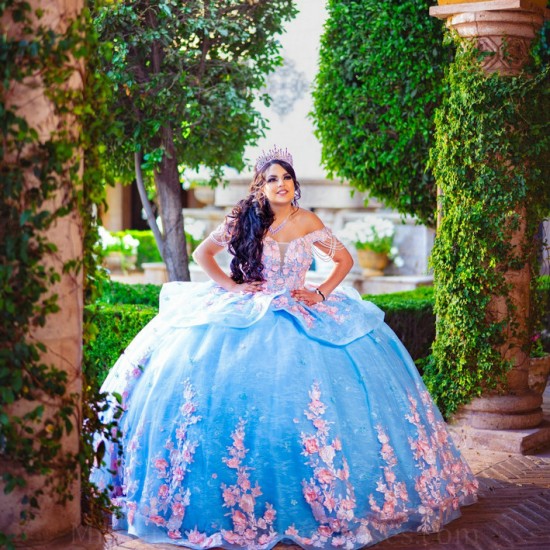 Off Shoulder Quince Dress Sky Blue Vestidos De 15 Anos V Neck Women 2024 Ball Gown With 3D Flowers