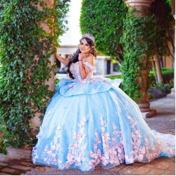 Off Shoulder Quince Dress Sky Blue Vestidos De 15 Anos V Neck Women 2024 Ball Gown With 3D Flowers