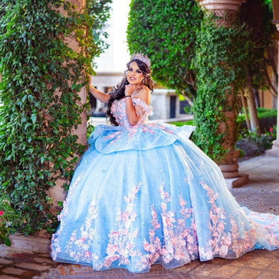 Off Shoulder Quince Dress Sky Blue Vestidos De 15 Anos V Neck Women 2024 Ball Gown With 3D Flowers