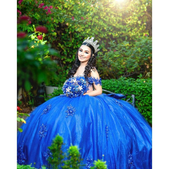 Off Shoulder Sweet 15 Gowns Blue Quince Dress Sweetheart Neck 15 Birthday Party Gowns Lace Appliques Vestidos De XV Anos With Bow