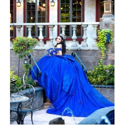 Off Shoulder Sweet 15 Gowns Blue Quince Dress Sweetheart Neck 15 Birthday Party Gowns Lace Appliques Vestidos De XV Anos With Bow