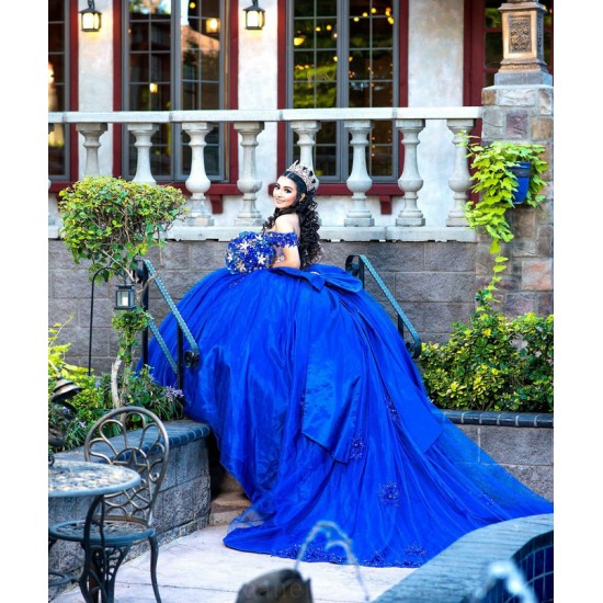 Off Shoulder Sweet 15 Gowns Blue Quince Dress Sweetheart Neck 15 Birthday Party Gowns Lace Appliques Vestidos De XV Anos With Bow