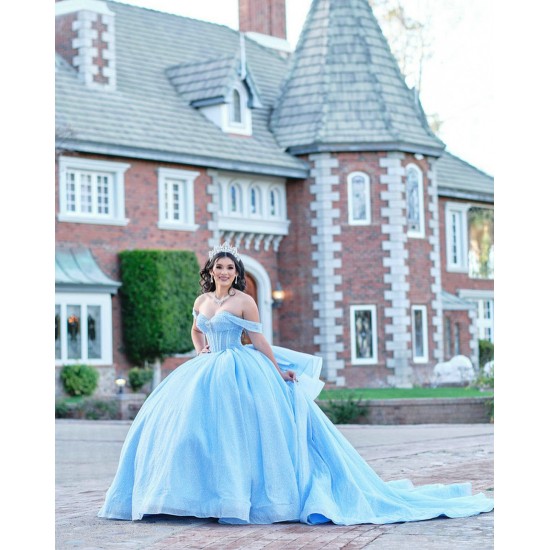 Pearl Sky Blue Quince Dress Off Shoulder Sweet 15 Gowns Sweetheart Neck Vestidos De 15 Anos