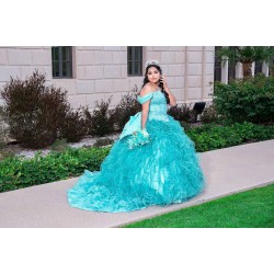 Ruffled Aqua Quince Dress Off Shoulder 15 Birthday Party Gowns Lace Appliques Sweetheart Neck Vestidos De XV Anos