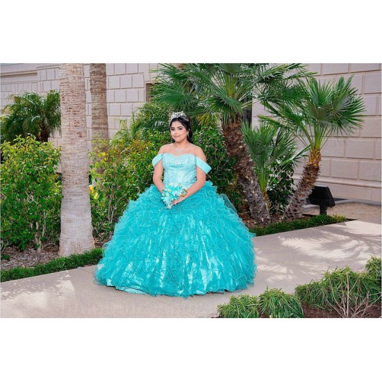 Ruffled Aqua Quince Dress Off Shoulder 15 Birthday Party Gowns Lace Appliques Sweetheart Neck Vestidos De XV Anos