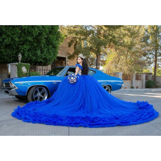 Ruffled Blue Quince Dress Sequin Off Shoulder 15 Birthday Party Gowns Lace Appliques Sweetheart Neck Vestidos De XV Anos