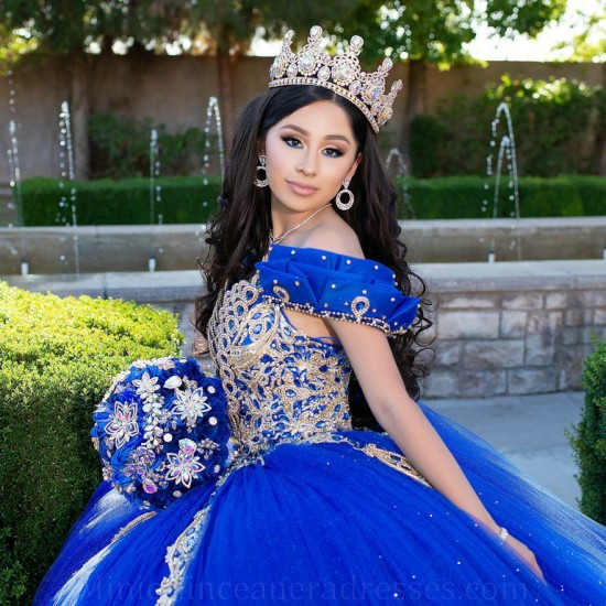 Ruffled Blue Quince Dress Sequin Off Shoulder 15 Birthday Party Gowns Lace Appliques Sweetheart Neck Vestidos De XV Anos