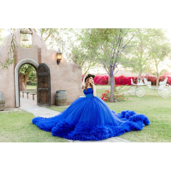 Ruffled Blue Quince Dress Strapless Vestidos De XV Anos Lace Appliques Sleeveless 15 Birthday Party Gowns