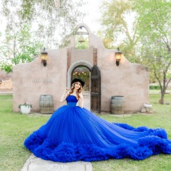 Ruffled Blue Quince Dress Strapless Vestidos De XV Anos Lace Appliques Sleeveless 15 Birthday Party Gowns