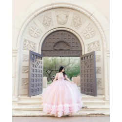 Ruffled Pink Quince Dress V Neck Vestidos De XV Anos Lace Appliques Off Shoulder 15 Birthday Party Gowns