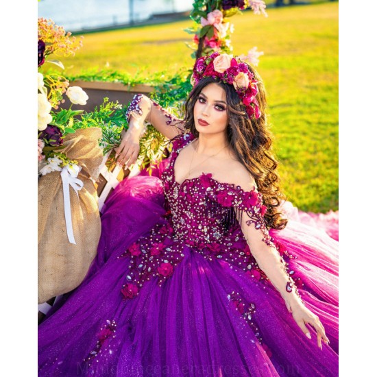 Ruffled Quince Dress Off Shoulder Purple Vestidos De 15 Anos Sweetheart Neck Long Sleeve Women 2024 Ball Gown