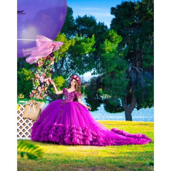 Ruffled Quince Dress Off Shoulder Purple Vestidos De 15 Anos Sweetheart Neck Long Sleeve Women 2024 Ball Gown