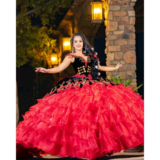 Ruffled Quince Dress Off Shoulder Red Vestidos De 15 Anos V Neck Sleeveless Women 2024 Ball Gown With 3D Flowers