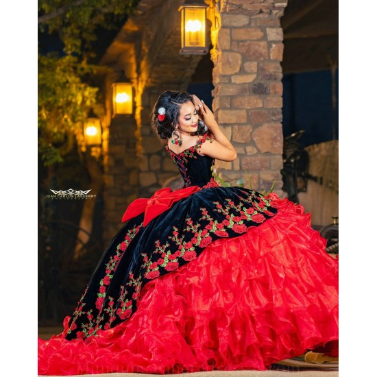 Ruffled Quince Dress Off Shoulder Red Vestidos De 15 Anos V Neck Sleeveless Women 2024 Ball Gown With 3D Flowers