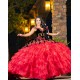 Ruffled Quince Dress Off Shoulder Red Vestidos De 15 Anos V Neck Sleeveless Women 2024 Ball Gown With 3D Flowers