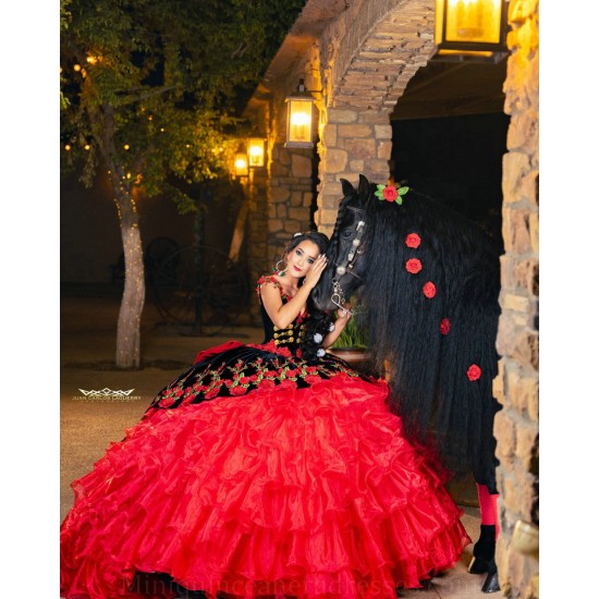 Ruffled Quince Dress Off Shoulder Red Vestidos De 15 Anos V Neck Sleeveless Women 2024 Ball Gown With 3D Flowers