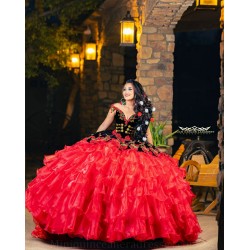 Ruffled Quince Dress Off Shoulder Red Vestidos De 15 Anos V Neck Sleeveless Women 2024 Ball Gown With 3D Flowers