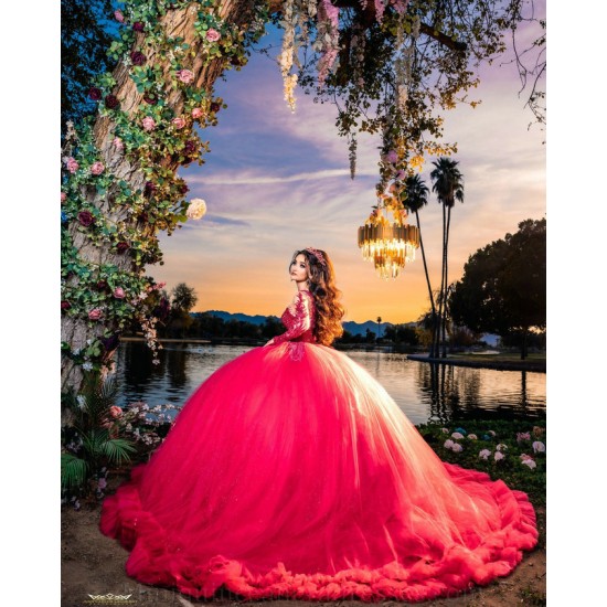 Ruffled Red Vestidos De 15 Anos Off Shoulder Sweetheart Neck Birthday Party Dress Long Sleeve Quince Dress