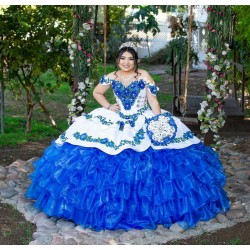 Ruffled Sky Blue Quince Dress Lace Appliques Sweetheart Neck Vestidos De XV Anos Off Shoulder 15 Birthday Party Gowns