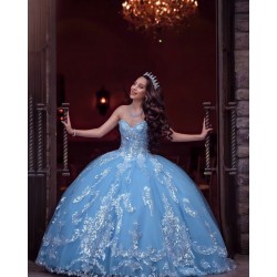 Strapless Sky Blue Quince Dress Sweetheart Vestidos De XV Anos Lace Appliques 15 Birthday Party Gowns