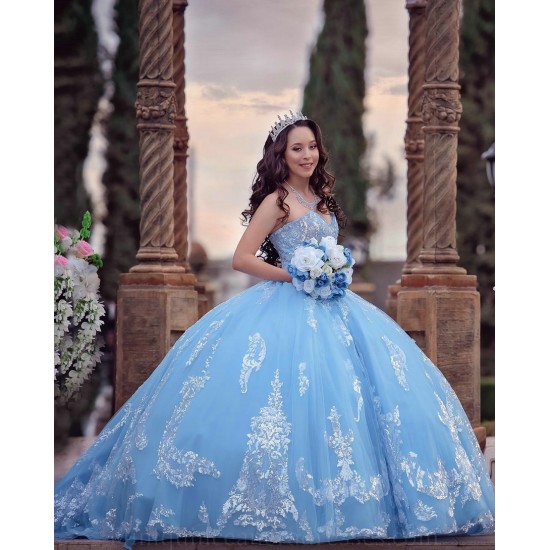 Strapless Sky Blue Quince Dress Sweetheart Vestidos De XV Anos Lace Appliques 15 Birthday Party Gowns