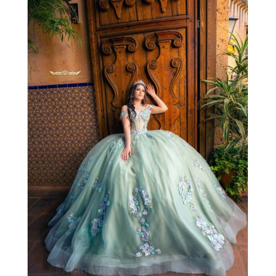 Sweetheart Neck Birthday Party Dress 3D Flowers Quince Dresses Off Shoulder Sage Green Vestidos De 15 Anos