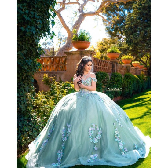 Sweetheart Neck Birthday Party Dress 3D Flowers Quince Dresses Off Shoulder Sage Green Vestidos De 15 Anos