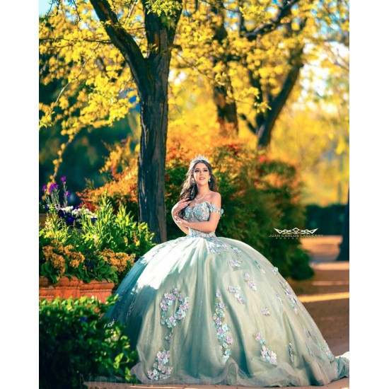 Sweetheart Neck Birthday Party Dress 3D Flowers Quince Dresses Off Shoulder Sage Green Vestidos De 15 Anos