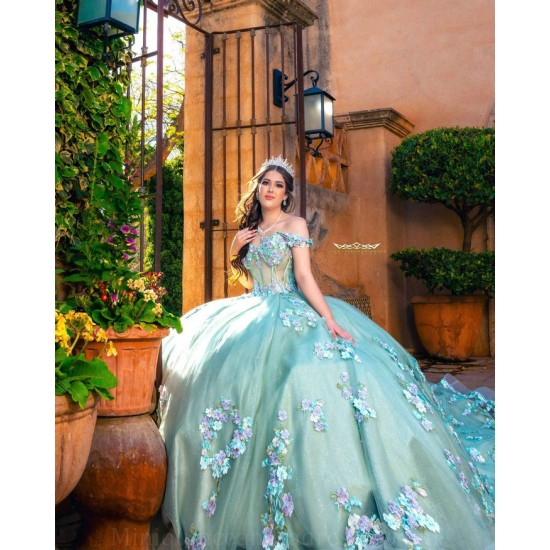 Sweetheart Neck Birthday Party Dress 3D Flowers Quince Dresses Off Shoulder Sage Green Vestidos De 15 Anos