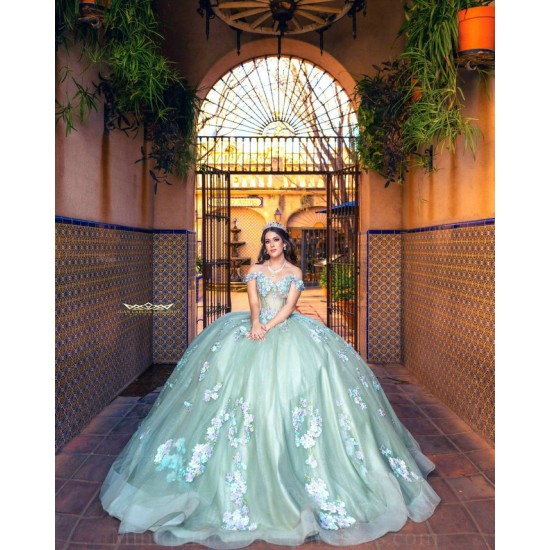 Sweetheart Neck Birthday Party Dress 3D Flowers Quince Dresses Off Shoulder Sage Green Vestidos De 15 Anos