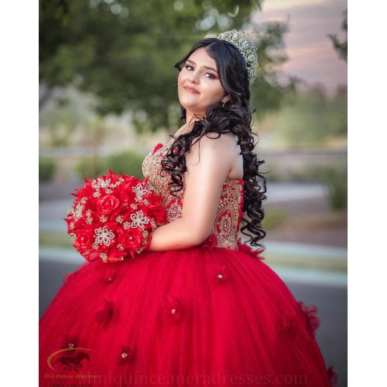 Sweetheart Neck Red Quince Dress Sleeveless Vestidos De XV Anos Sequin 15 Birthday Party Gowns With 3D Flowers