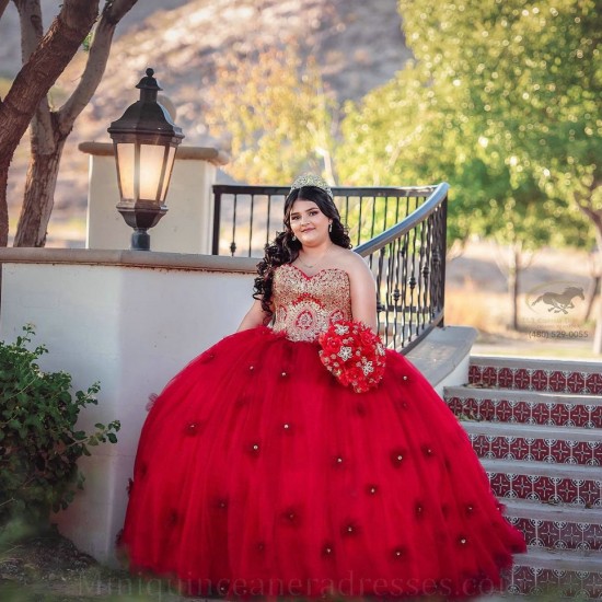 Sweetheart Neck Red Quince Dress Sleeveless Vestidos De XV Anos Sequin 15 Birthday Party Gowns With 3D Flowers