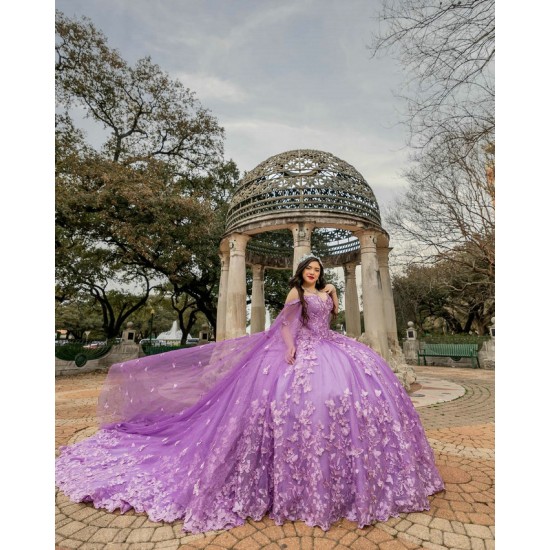 Cape Sleeve Lilac Quince Dress Sweetheart Neck 2024 Ball Gown Lace Appliques Vestidos De 15 Anos With 3D Flowers