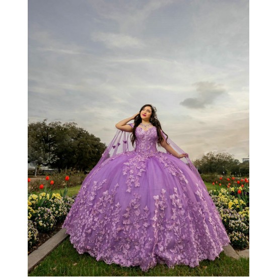 Cape Sleeve Lilac Quince Dress Sweetheart Neck 2024 Ball Gown Lace Appliques Vestidos De 15 Anos With 3D Flowers