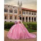 Crystal Pink Quince Dress Lace Appliques Off Shoulder Girls Sweet 16 Dresses Sweetheart Neck Vestidos De 15 Anos