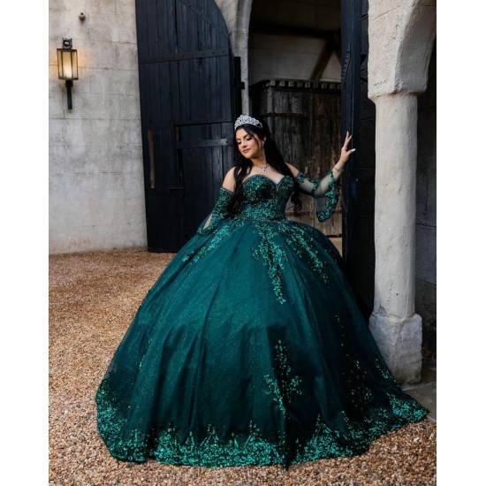 Detachable Emerald Green Quince Dress Lace Appliques Sequin Girls Sweet 16 Dresses Sweetheart Neck Vestidos De 15 Anos