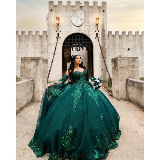 Detachable Emerald Green Quince Dress Lace Appliques Sequin Girls Sweet 16 Dresses Sweetheart Neck Vestidos De 15 Anos