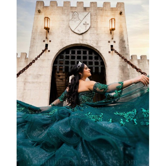 Detachable Emerald Green Quince Dress Lace Appliques Sequin Girls Sweet 16 Dresses Sweetheart Neck Vestidos De 15 Anos