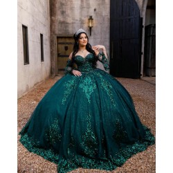 Detachable Emerald Green Quince Dress Lace Appliques Sequin Girls Sweet 16 Dresses Sweetheart Neck Vestidos De 15 Anos