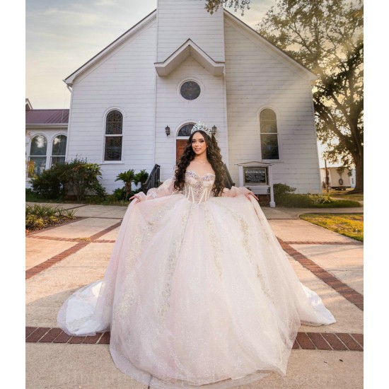 Detachable Rose Gold Quince Dress Sweetheart Neck Girls Sweet 16 Dresses Sequin Vestidos De 15 Anos With Bow