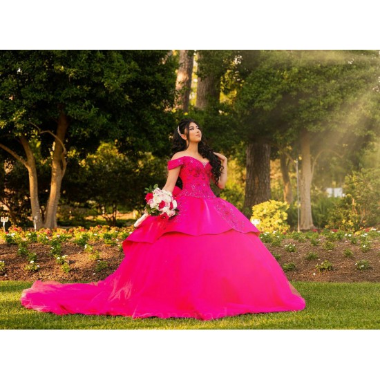 Fuchsia Quince Dress Sweetheart Neck Lace Appliques Girls Sweet 16 Dresses Off Shoulder Vestidos De 15 Anos With Bow