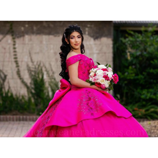 Fuchsia Quince Dress Sweetheart Neck Lace Appliques Girls Sweet 16 Dresses Off Shoulder Vestidos De 15 Anos With Bow