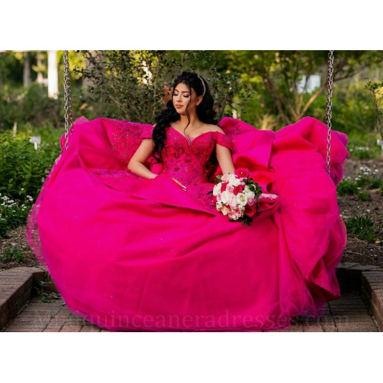 Fuchsia Quince Dress Sweetheart Neck Lace Appliques Girls Sweet 16 Dresses Off Shoulder Vestidos De 15 Anos With Bow