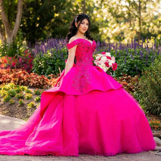 Fuchsia Quince Dress Sweetheart Neck Lace Appliques Girls Sweet 16 Dresses Off Shoulder Vestidos De 15 Anos With Bow