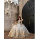 Long Sleeve Champagne Quince Dress Sequin Sweetheart Neck Vestidos De 15 Anos Lace Appliques Birthday Party Robe